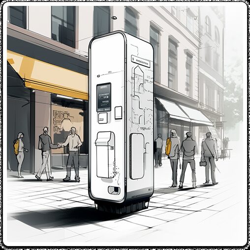 Concept sketch of a street-side parcel locker in an urban setting