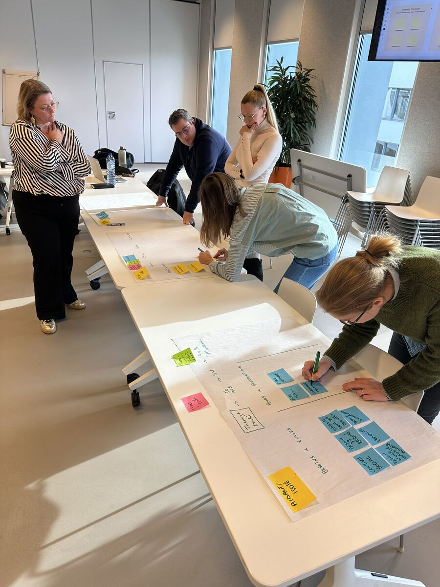 Co-design workshop in progress, sticky notes and journey maps on a long table